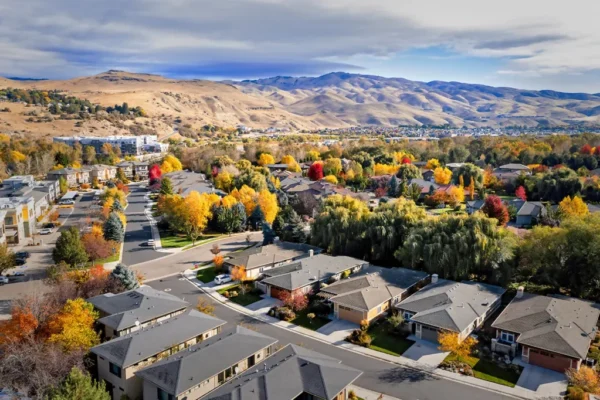 Boise Idaho residential neighborhood rooftops aerial view